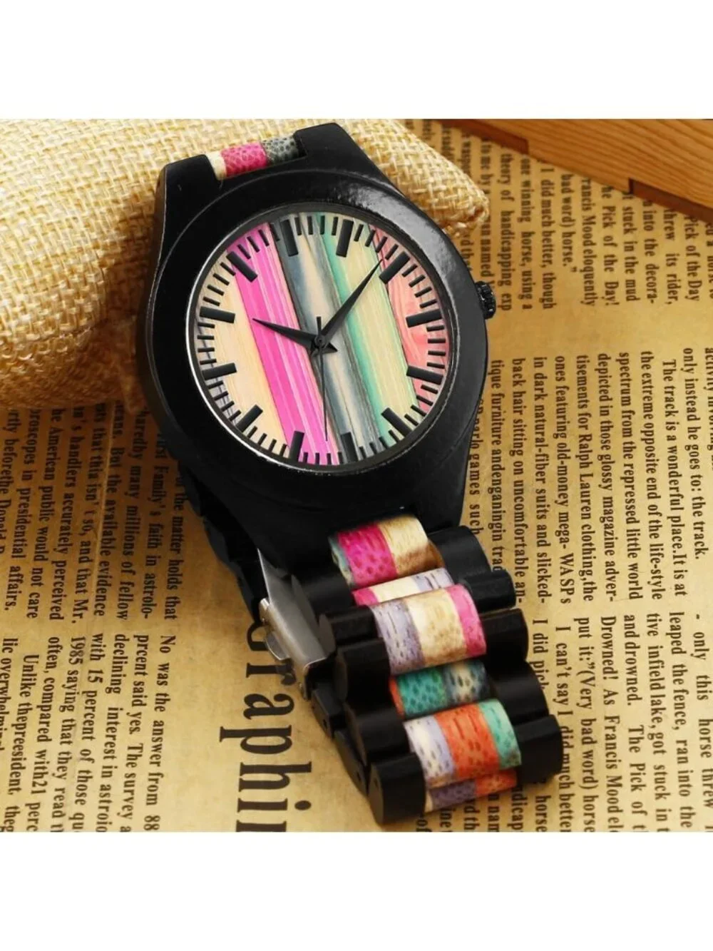 Men's Black&Multicolor Analog Handmade Colorful Bamboo Engraved Wooden Watch